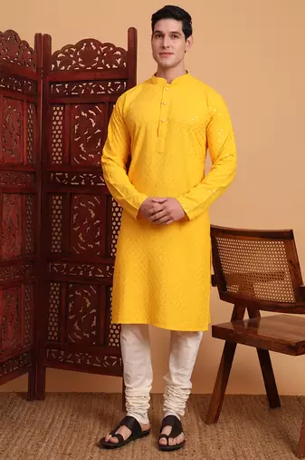 Yellow rayon fabric chikankari embroidery work traditional kurta pajama for mens