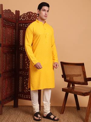Yellow rayon fabric chikankari embroidery work traditional kurta pajama for mens 5