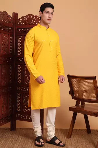Yellow rayon fabric chikankari embroidery work traditional kurta pajama for mens