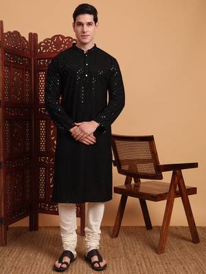 Black rayon fabric chikankari embroidery work traditional kurta pajama for mens 1
