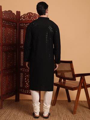 Black rayon fabric chikankari embroidery work traditional kurta pajama for mens 2
