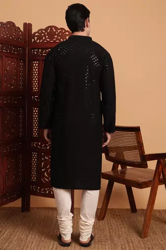 Black rayon fabric chikankari embroidery work traditional kurta pajama for mens