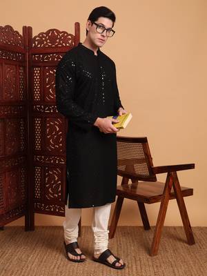 Black rayon fabric chikankari embroidery work traditional kurta pajama for mens 3