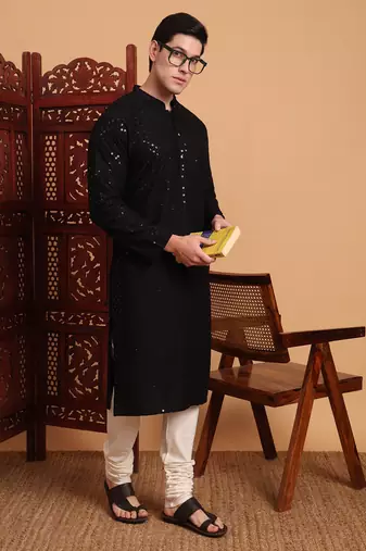 Black rayon fabric chikankari embroidery work traditional kurta pajama for mens