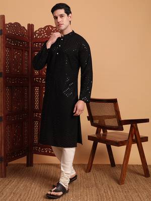 Black rayon fabric chikankari embroidery work traditional kurta pajama for mens 4