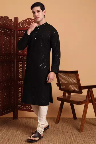 Black rayon fabric chikankari embroidery work traditional kurta pajama for mens
