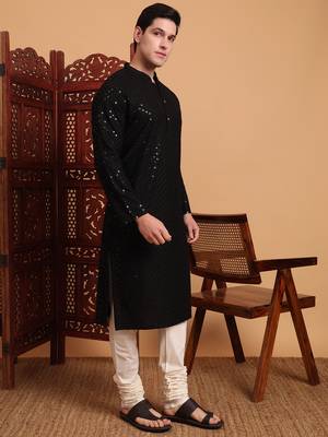 Black rayon fabric chikankari embroidery work traditional kurta pajama for mens 5