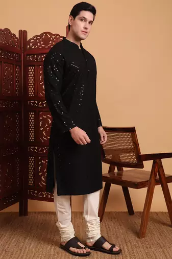 Black rayon fabric chikankari embroidery work traditional kurta pajama for mens