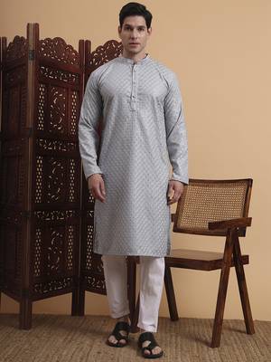Grey rayon fabric chikankari embroidery work traditional kurta pajama for mens 1