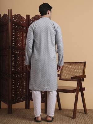 Grey rayon fabric chikankari embroidery work traditional kurta pajama for mens 2