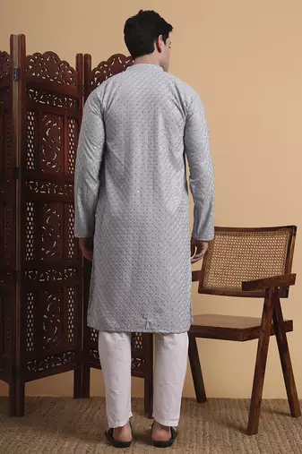Grey rayon fabric chikankari embroidery work traditional kurta pajama for mens