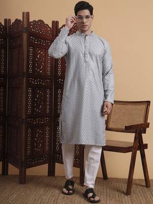 Grey rayon fabric chikankari embroidery work traditional kurta pajama for mens 3