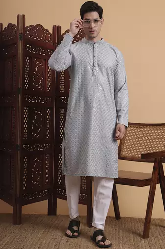 Grey rayon fabric chikankari embroidery work traditional kurta pajama for mens