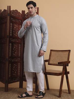 Grey rayon fabric chikankari embroidery work traditional kurta pajama for mens 4