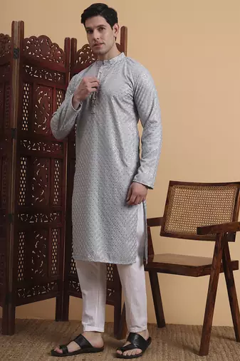 Grey rayon fabric chikankari embroidery work traditional kurta pajama for mens
