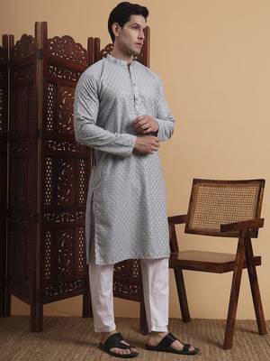 Grey rayon fabric chikankari embroidery work traditional kurta pajama for mens 5