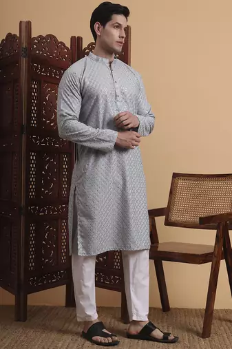 Grey rayon fabric chikankari embroidery work traditional kurta pajama for mens
