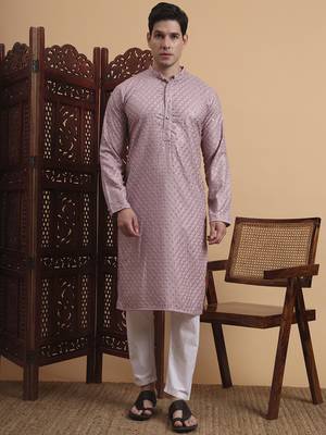 Purple rayon fabric chikankari embroidery work traditional kurta pajama for mens 1