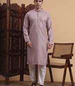 Purple rayon fabric chikankari embroidery work traditional kurta pajama for mens
