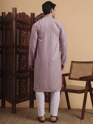Purple rayon fabric chikankari embroidery work traditional kurta pajama for mens 2