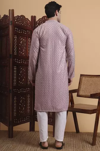 Purple rayon fabric chikankari embroidery work traditional kurta pajama for mens