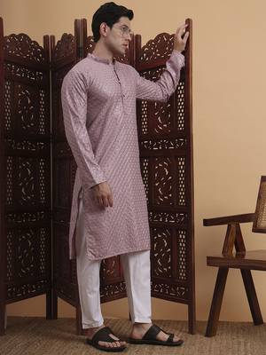 Purple rayon fabric chikankari embroidery work traditional kurta pajama for mens 3