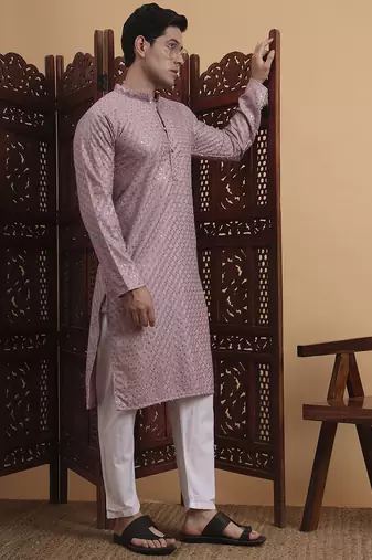 Purple rayon fabric chikankari embroidery work traditional kurta pajama for mens