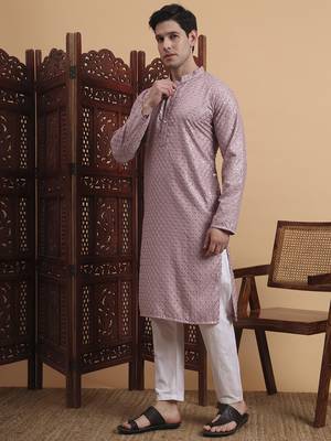 Purple rayon fabric chikankari embroidery work traditional kurta pajama for mens 4