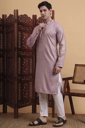 Purple rayon fabric chikankari embroidery work traditional kurta pajama for mens
