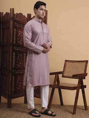 Purple rayon fabric chikankari embroidery work traditional kurta pajama for mens 5