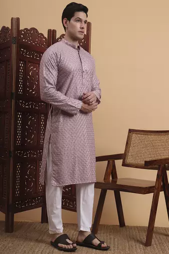 Purple rayon fabric chikankari embroidery work traditional kurta pajama for mens