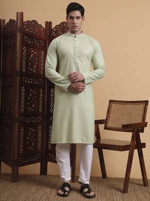 Pista Green rayon fabric chikankari embroidery work traditional kurta pajama for mens 1