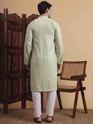 Pista Green rayon fabric chikankari embroidery work traditional kurta pajama for mens 2