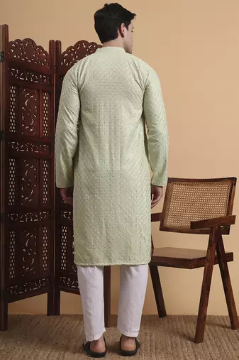 Pista Green rayon fabric chikankari embroidery work traditional kurta pajama for mens