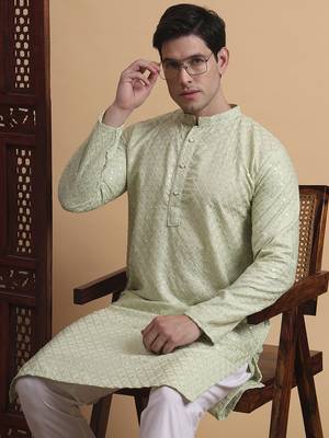 Pista Green rayon fabric chikankari embroidery work traditional kurta pajama for mens 3
