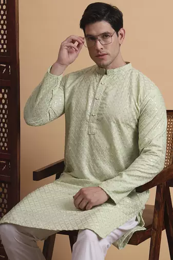 Pista Green rayon fabric chikankari embroidery work traditional kurta pajama for mens