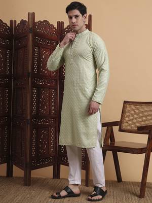 Pista Green rayon fabric chikankari embroidery work traditional kurta pajama for mens 4