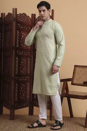 Pista Green rayon fabric chikankari embroidery work traditional kurta pajama for mens