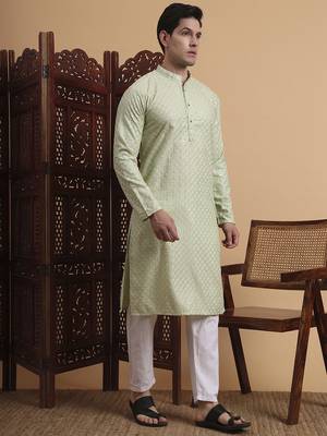 Pista Green rayon fabric chikankari embroidery work traditional kurta pajama for mens 5