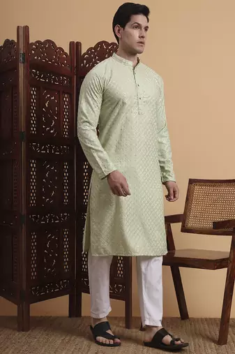 Pista Green rayon fabric chikankari embroidery work traditional kurta pajama for mens