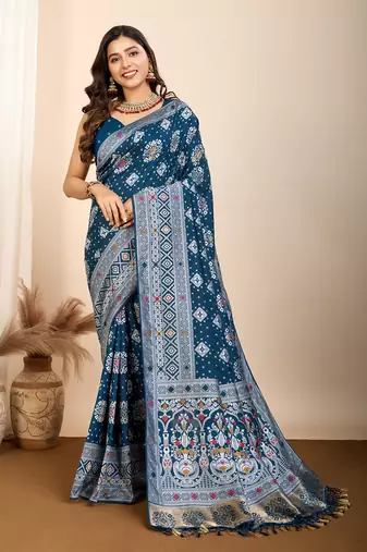 teal art silk bandhani saree with matching blouse