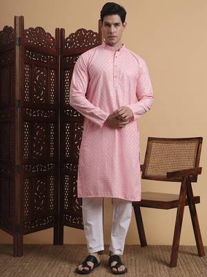 Pink rayon fabric chikankari embroidery work traditional kurta pajama for mens 1