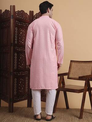 Pink rayon fabric chikankari embroidery work traditional kurta pajama for mens 2
