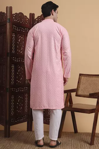 Pink rayon fabric chikankari embroidery work traditional kurta pajama for mens