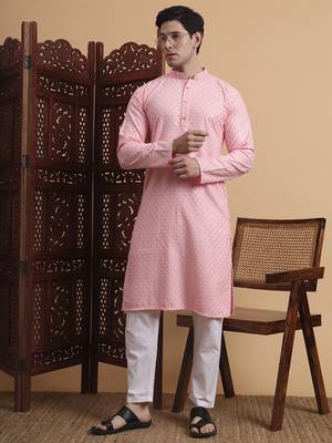 Pink rayon fabric chikankari embroidery work traditional kurta pajama for mens 3