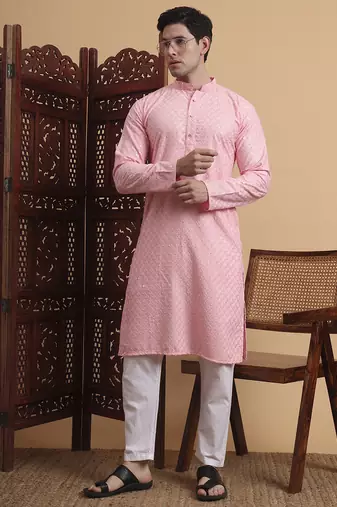 Pink rayon fabric chikankari embroidery work traditional kurta pajama for mens