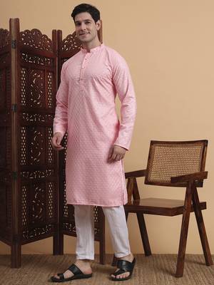 Pink rayon fabric chikankari embroidery work traditional kurta pajama for mens 4