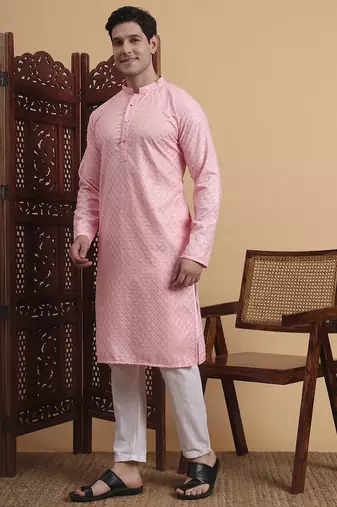 Pink rayon fabric chikankari embroidery work traditional kurta pajama for mens