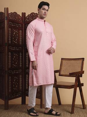 Pink rayon fabric chikankari embroidery work traditional kurta pajama for mens 5