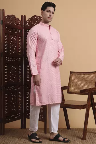 Pink rayon fabric chikankari embroidery work traditional kurta pajama for mens